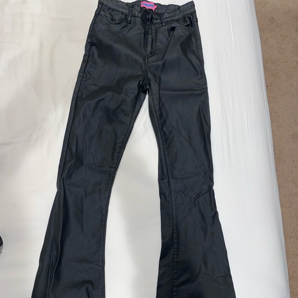 Super cute waxed coat, faux leather flare pants